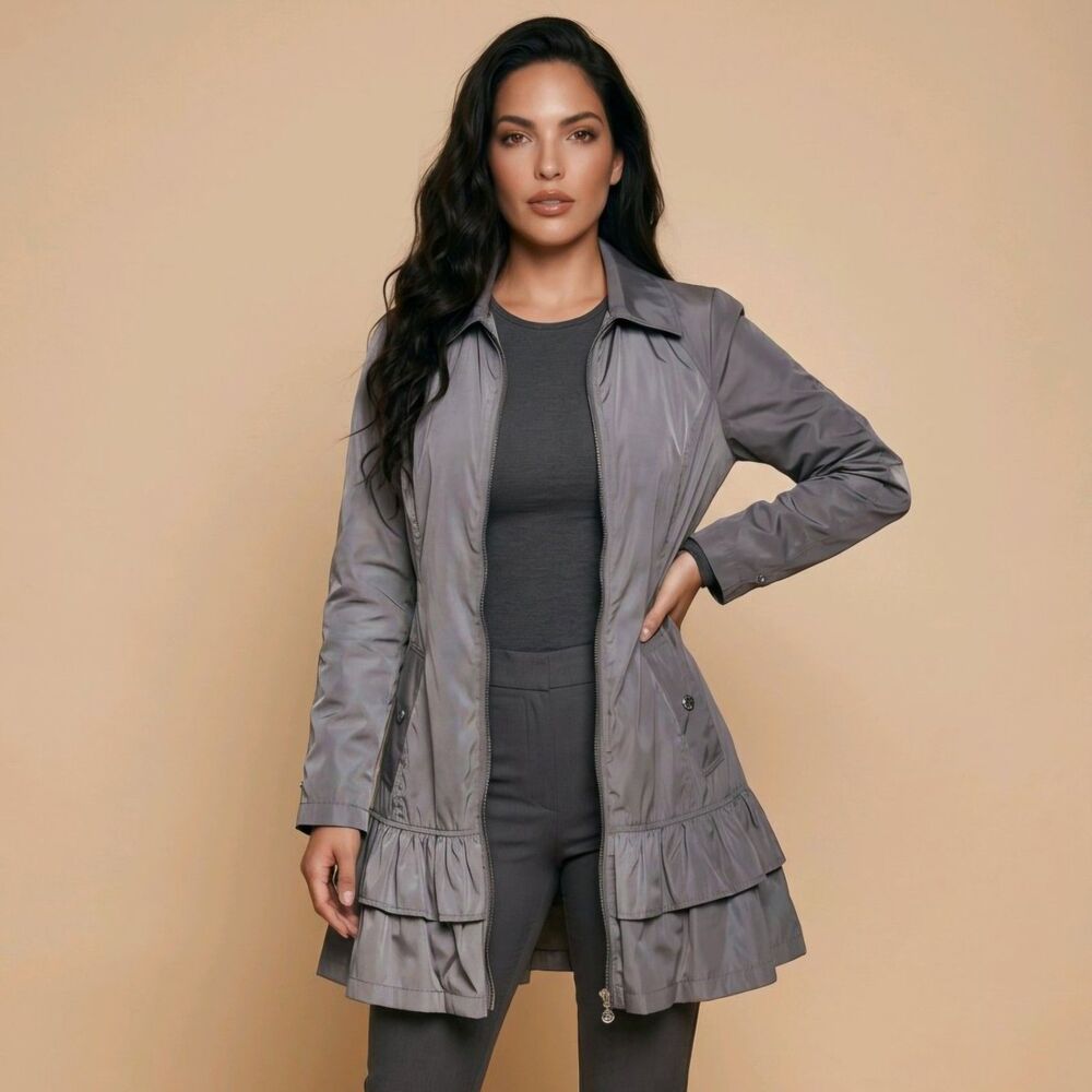 BETSEY JOHNSON Women's Trench Coat Removable Vest, Size S  Gray Ruffle Hem